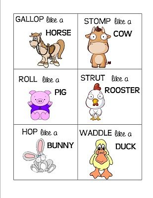 These are just so cute. I could use them for a charades game or I may have to print these on cardstock and turn them into homemade memory cards! Barnyard Dance, Movement Cards, Farm Lessons, Farm Theme Preschool, Farm Unit, Animal Movement, Farm Animals Theme, Farm Preschool, Farm School