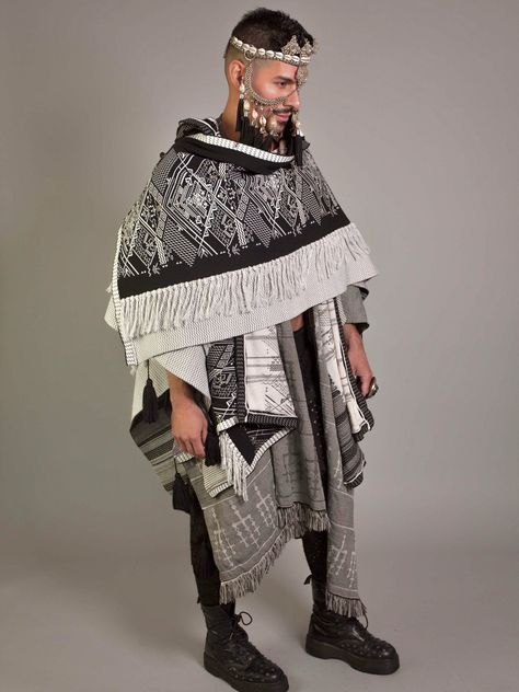 The 'Prehispanico' Poncho Cape -machine knitted -made with 80% up-cycled cotton and 20% polyester -in stock items will be shipped out within 72 hours and made to order items will be shipped out between 1-2 weeks. Please contact orders@whocareswhynot.com for questions and time-sensitive orders **All orders for Burning Man must be placed on or before August 1st. Anytime after that is subject to availability Futuristic Clothing Men, Poncho Fashion, Mens Poncho, Stylish Men Wear, Armor Clothing, Burning Man Costume, Mens Fur, August 1st, Concept Clothing