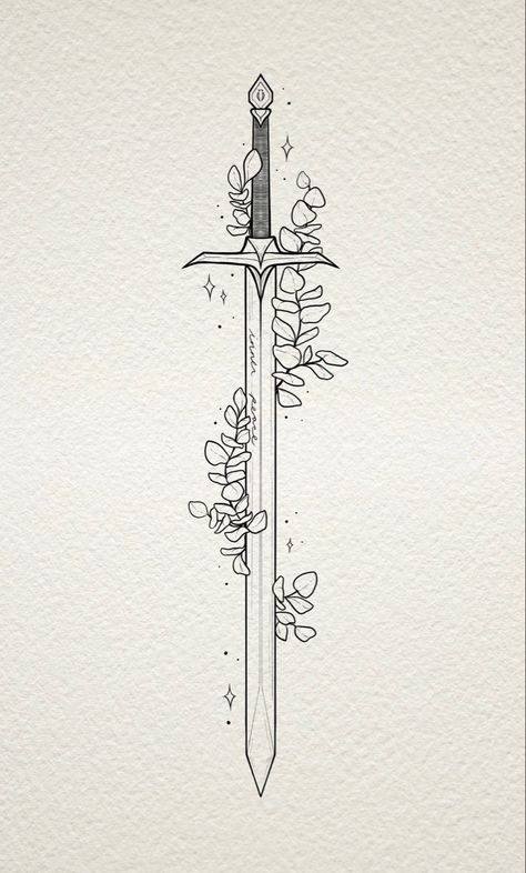 Fine line tattoo sword design with eucalyptus surrounding it magical mystical sword Simple Lightsaber Tattoo, Holly Black Tattoo, Lotr Swords Tattoo, Ataraxia Acotar, Swords Acotar, Acotar Line Art, Truth Teller Acotar Tattoo, Acotar Sketches, Ataraxia Tattoo Acotar