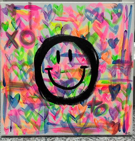 Smiley Face Painting, Room Canvas Painting, Craft Fair Booth Display, Happy Emotions, Craft Fairs Booth, Paintings Canvas, Neon Painting, Room Canvas, Canvas Painting Designs