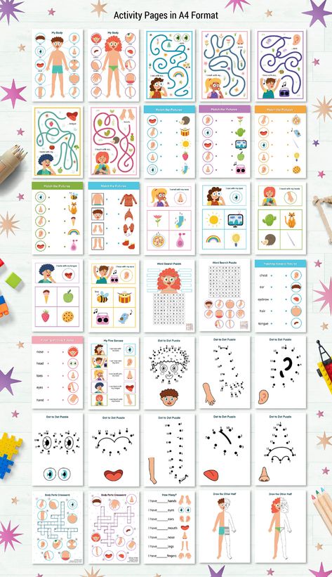 Body Parts Activity Pages on Behance Body Parts Activity, Body Parts Preschool Activities, Activity Pages For Kids, Human Body Worksheets, Body Parts Preschool, Printable Mazes, Printable Puzzles For Kids, Busy Activities, Kindergarten Reading Activities