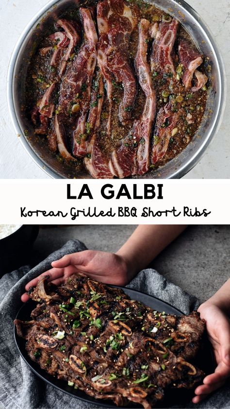 LA Galbi or Korean BBQ grilled beef short ribs in a bowl with marinade and grilled on a platter Korean Beef Short Ribs Oven, Korean Ribs Oven, Korean Ribs Marinade, Galbi Recipe Korean Beef, Sliced Short Ribs Recipe, Korean Short Ribs Oven, Short Rib Marinade, Korean Beef Ribs, Korean Short Ribs Recipe