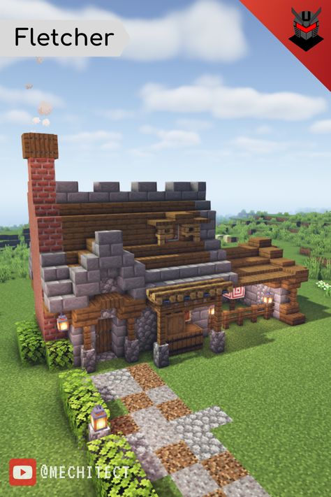 Minecraft Villager House Medieval, Minecraft Medieval Apartment, Fletchers House Minecraft, Minecraft Fletcher House Ideas, Minecraft Villager Fletcher House, Minecraft Medieval Butcher, Minecraft Midevil Houses How To Build, Minecraft Medieval Shop Ideas, Mincraft Idea Houses Midevil