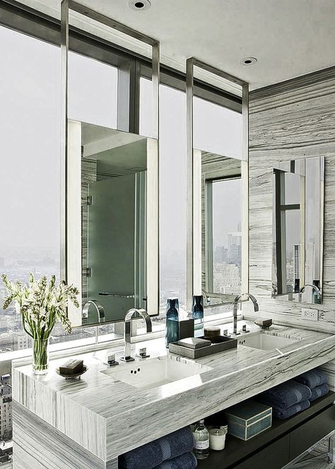 Led Mirrors suspended from the ceiling at One Madison Park condominiums. Designed by Yabu Pushelberg and detailed and fabricated by Urban Archaeology. Double Sinks, Bad Inspiration, Interior Minimalista, Bath Design, Beautiful Bathrooms, Bathroom Styling, Design Case, Luxury Bathroom, Bathroom Inspiration