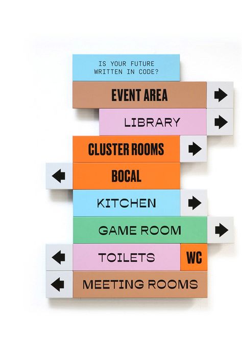 Environmental Graphics Signage, Wayfinding Signage Design, Coding School, Wayfinding Signs, Retail Signage, Wayfinding Design, Environmental Graphic Design, Event Signage, Wayfinding Signage