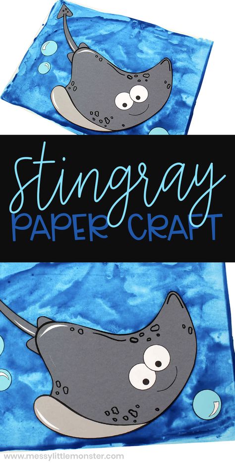 Stingray craft for kids with printable stingray template. An easy ocean craft for kids. Cardboard Stingray, Diy Stingray, Paper Stingray Craft, Stingray Activities, Stingray Template, Stingray Craft, Ocean Craft, Zoo Crafts, Printable Craft Templates