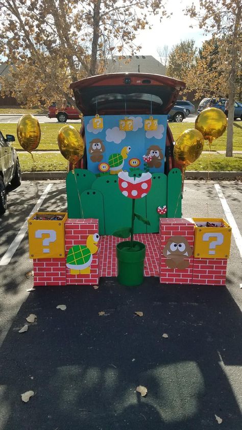 Mario Trick Or Trunk, Spooky Mario Trunk Or Treat, Super Mario Golf Cart, Trunk Or Treat Super Mario Theme, Diy Mario Trunk Or Treat, Mario And Luigi Trunk Or Treat Ideas, Trunk Or Treat Booth Ideas, Super Mario Float, Nintendo Trunk Or Treat