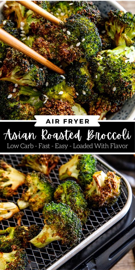 Looking for the best way to make roasted broccoli? Use the air fryer! This Air Fryer Asian Roasted Broccoli is fantastically flavorful, totally crispy, low carb and done in 15 minutes or less. Asian Air Fryer Broccoli, Air Fry Fresh Broccoli Recipe, Air Fryer Roasted Broccoli From Frozen, Roasting Broccoli In Air Fryer, Brocolli In Airfryer, Air Dry Broccoli, Crispy Air Fryer Broccoli, Best Air Fryer Broccoli, Airfried Crispy Broccoli