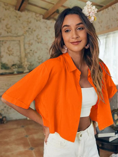 Orange Casual Collar Half Sleeve Fabric Plain Shirt Embellished Non-Stretch Summer Women Clothing Orange Top Outfit, Orange Shirt Outfit, Crop Shirts For Women, Orange Outfits, Cropped Button Up Shirt, Outfit Verano, Orange Outfit, Half Sleeve Shirts, Orange Blouse