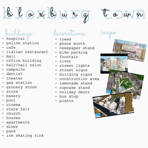 Cute Town Layout Bloxburg, Town Names For Bloxburg, Bloxburg Town Decorations, Bloxburg Town Themes, Blox Burg Town Ideas, City Layouts For Bloxburg, Bloxburg Town Park Ideas, Bloxburg Town Layout Ideas Big Plot, Boo Burg School Layout