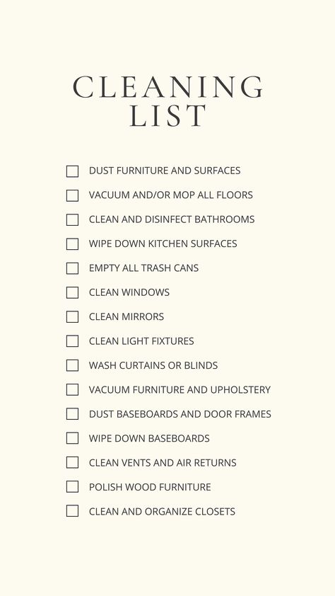 Simple minimalist cleaning list to make your leaning experience easier. This list will provide structure and guidance while you clean. Minimalist Cleaning, Organising Ideas, Cleaning Baseboards, List To Make, Deep Cleaning Checklist, Tidy Room, Easy Cleaning Hacks, How To Clean Mirrors, Self Care Bullet Journal