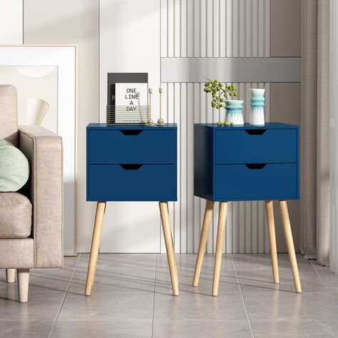 PRICES MAY VARY. 🍃【Modern Home Nightstand】: Designed with modern style, our wooden nightstand is compatible with any decor of your home or office. It can be used as a nightstand, an end table or a sofa side table. 🍃【Roomy Storage Space】: Equipped with 2 drawers, this bedside table allows you to arrange your personal items. The groove designs on drawers help you pull easily. Besides, the spacious tabletop is ideal to display photo frames, plants and so on. 🍃【Solid Wood Legs】: Constructed with Living Room Blue, Tall Nightstands, Bedside Furniture, Table For Bedroom, Bedroom Blue, Bedroom Nightstand, Nightstand Set Of 2, Natural Living Room, Storage Wood