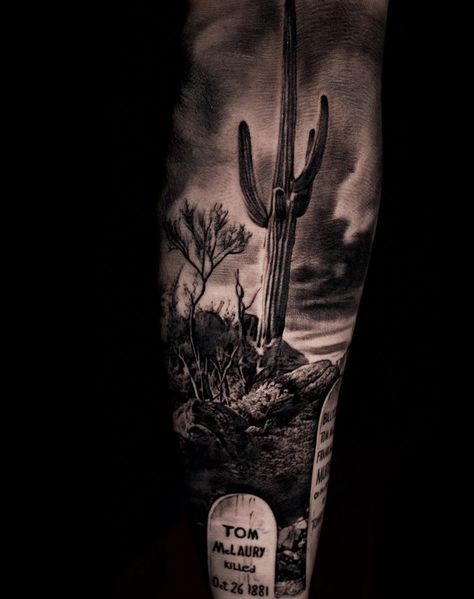 Cowboy Tattoos Sleeve, Texas Desert Tattoo, Cowboy Arm Sleeve Tattoos, Texas Themed Tattoos For Men, Wyatt Earp Tattoo, Arizona Tattoo Ideas Men, Arizona Themed Tattoos, Outlaw Tattoo For Women, Western Tattoos Sleeve