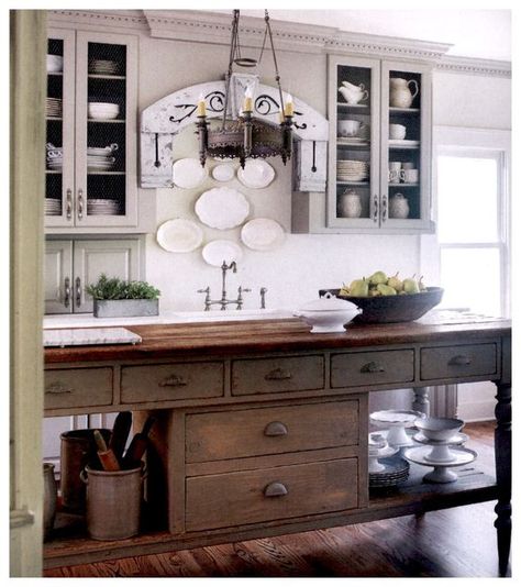 Follow The Yellow Brick Home - Kitchen Island Inspiration: Euro-Inspired Farmhouse Work Tables and Pastry Tables – Follow The Yellow Brick Home Kitchen Island Inspiration, Dapur Rustic, Model Dapur, Rustic Kitchen Island, Refacing Kitchen Cabinets, Kabinet Dapur, Farmhouse Kitchen Island, Kitchen Island Decor, Rustic Farmhouse Kitchen