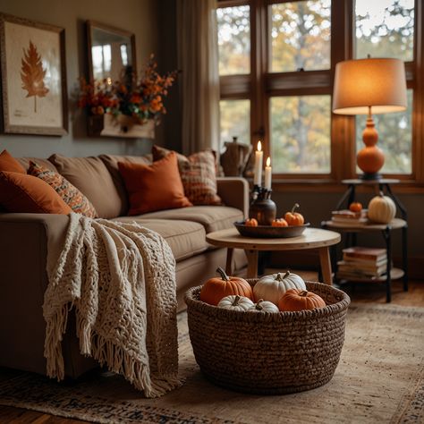 Transform your living room into a cozy fall haven with warm tones of burnt orange, earthy brown, and soft neutrals. Enhance the comfort with woven baskets and soft throw blankets. #FallDecor #CozyLivingRoom #WarmTones #HomeDecor #InteriorDesign #FallVibes #HomeInspiration #SeasonalDecor #AutumnAesthetic #CozyHome Living Room Designs Burnt Orange, Neutral And Orange Living Room, Green And Burnt Orange Living Room, Brown And Orange Living Room Ideas, Basket With Blankets Living Rooms, Red Brown Living Room, Earth Tone Living Room Decor Cozy, Burnt Orange And Green Living Room, Orange Accents Living Room