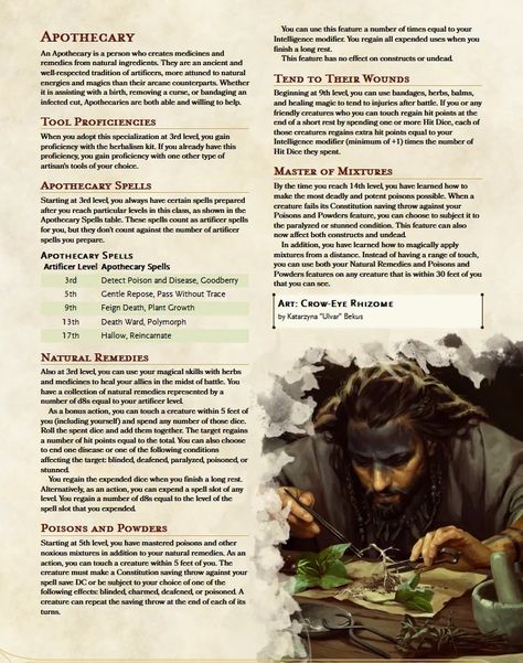 (Alchemist) Apothecary Dnd Artificer Alchemist, Artificer Homebrew, Dnd Artificer, Dnd Resources, Homebrew Items, Dnd Homebrew, Dnd Stories, D D Classes, Dnd Classes