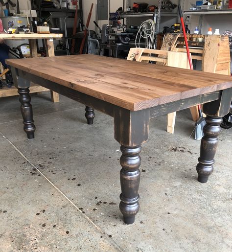 Black Walnut Farmhouse Table, Black Walnut Dining Table Farmhouse, Black Wooden Kitchen Table, Farmhouse Table Colors Stains, Farmhouse Table Black Legs Wood Top, Black And Stained Table, Black Table With Wood Top, Chocolate Brown Kitchen Table, Distressed Black Dining Table