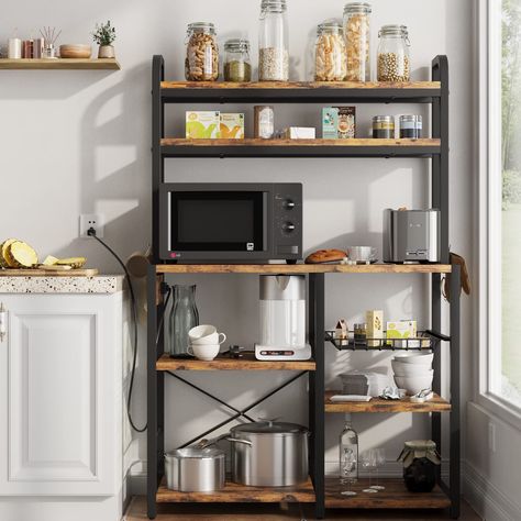 Kitchen Buffet Table, Industrial Coffee Bar, Coffee Bar Station, Microwave Stand, Kitchen Buffet, Microwave In Kitchen, Bakers Rack, Kitchen Storage Shelves, Utility Storage