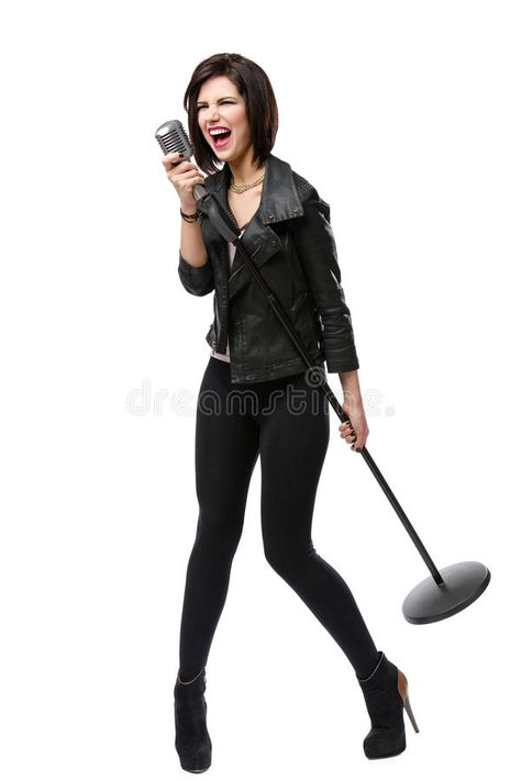 Full length of rock singer with microphone. Full-length portrait of rock singer #Sponsored , #AD, #affiliate, #length, #portrait, #microphone, #Full Rock Singer, Woman Singing, Headshots Women, Male Pose Reference, Body Reference Poses, Human Poses Reference, Poses References, Human Poses, Dynamic Poses