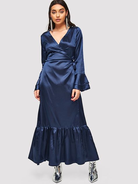 Bell Sleeve Flounce Hem Satin Wrap Dress -SHEIN(SHEINSIDE) Long Wrap Dress, Dress Ootd, Dress With Bell Sleeves, Satin Wrap Dress, Satin Set, Flounce Sleeve, Pump Dress, Style Outfits, Women Dresses