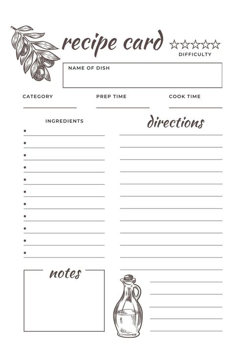 "Printable Recipe Card  With Minimalist Design, Fillable Recipe Page, Instant Download Recipe Blank Check out our Printable Recipe Cards! What you get: A file you can print easily at home or your local print shop (PDF format). These cards work best when printed on sturdy cardstock paper. Choose from different sizes: US Letter, A5, or 6\"x4\". Easy to Print: Just download the high-quality PDF file, print it out, and you're ready to organize your recipes. Stylish Organization: Keep your favorite recipes neat and tidy. These cards have space for ingredients, directions, and any extra notes you want to add. Sizes for Any Collection: Fit them in recipe boxes or binders - whatever works best for you. How to Use: Buy the printable recipe cards. Download the PDF file instantly. Print on your prefe Recipe Diary Ideas, Recipe Page Aesthetic, Recipe Paper Template, Recipe Template Design, Recipe Card Design Layout, Pdf Design Ideas, Diy Recipe Book Printables, Blank Recipe Template, Recipe Page Template