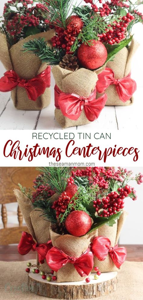 Can Centerpieces, Tin Can Christmas, Tin Can Centerpieces, Hosting A Christmas Party, Holiday Party Centerpieces, Christmas Party Centerpieces, Christmas Centerpieces Cheap, Diy Christmas Centerpieces, Barbie Products