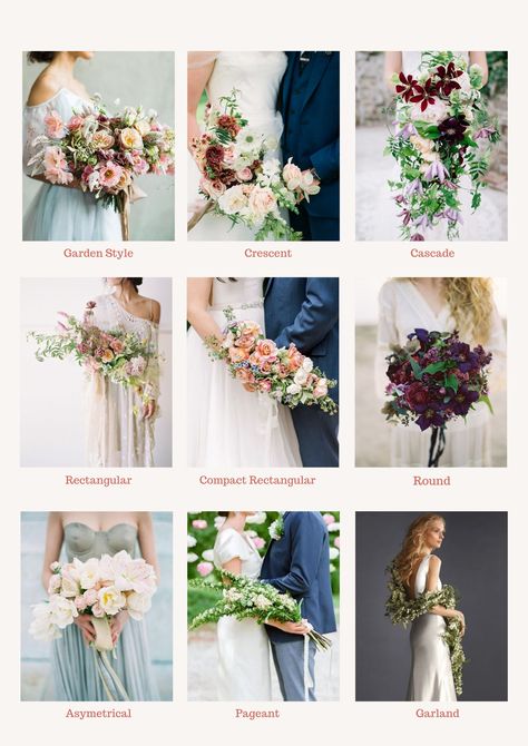 Bouquet Guide Wedding Bouquet Garden Style, Bridesmaid Bouquet Sizes, Bride Bouquet Shapes, Bridal Bouquet Sizes Chart, List Of Wedding Flowers Needed, Different Types Of Bouquets, Bridal Bouquet Shapes Guide, Bouquet Shapes Guide, Different Bouquet Styles