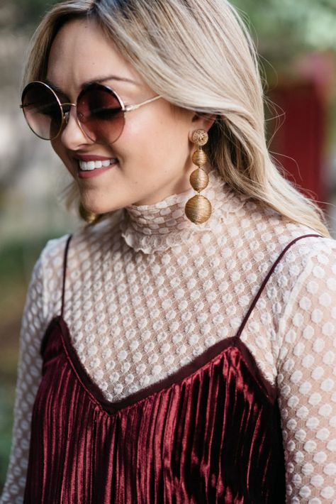 Lace Turtleneck Top Outfit, Gold Top Outfit, Sequin Turtleneck, Lace Layering Top, Lace Top Outfit, Peacock Headband, Statement Gold Earrings, Lace Turtleneck Top, Holiday Party Outfits