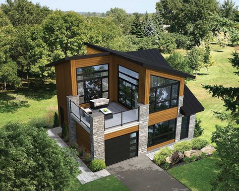 Dramatic Contemporary with Second Floor Deck - 80878PM | 2nd Floor Master Suite, Contemporary, Modern, Vacation | Architectural Designs Second Floor Deck, Pelan Rumah, Eksterior Modern, Garage Loft, House Construction Plan, Contemporary House Plans, Hus Inspiration, Modern House Plan, Earthship