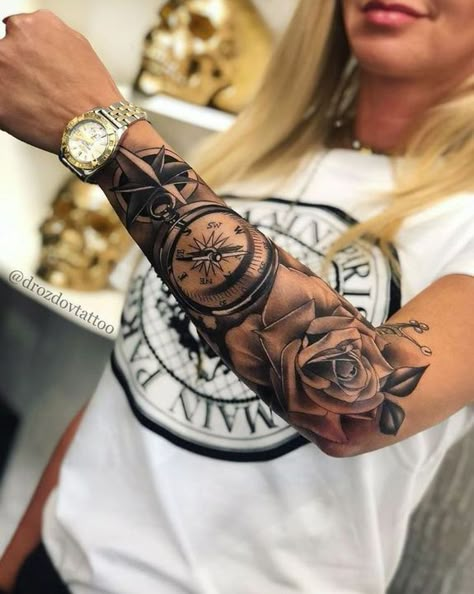 Tato Jam, Tato Lengan Bawah, Clock And Rose Tattoo, Tato 3d, Rosen Tattoo Frau, Tato Suku, Arm Sleeve Tattoos For Women, Forarm Tattoos, Tattoos For Women Half Sleeve