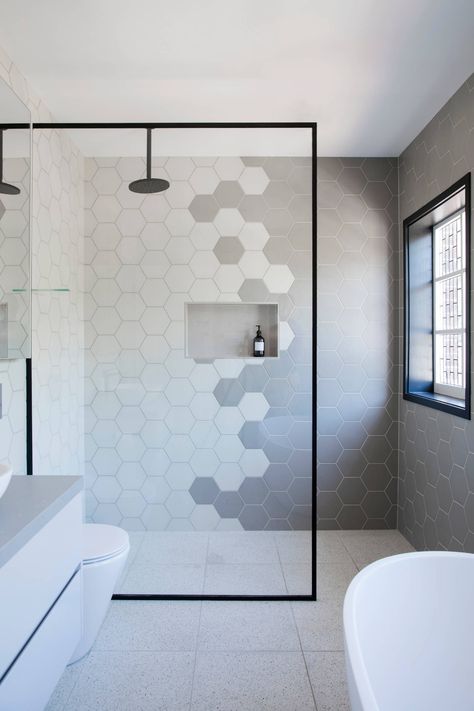 Hexagon Tile Bathroom Shower Wall, Bathroom Hexagon Tile, Hexagon Tile Bathroom Floor, Attic Bathroom Ideas, Tile Bathroom Floor, Hexagon Tile Bathroom, Ceramic Backsplash, Bathroom Shower Walls, Hexagon Tile