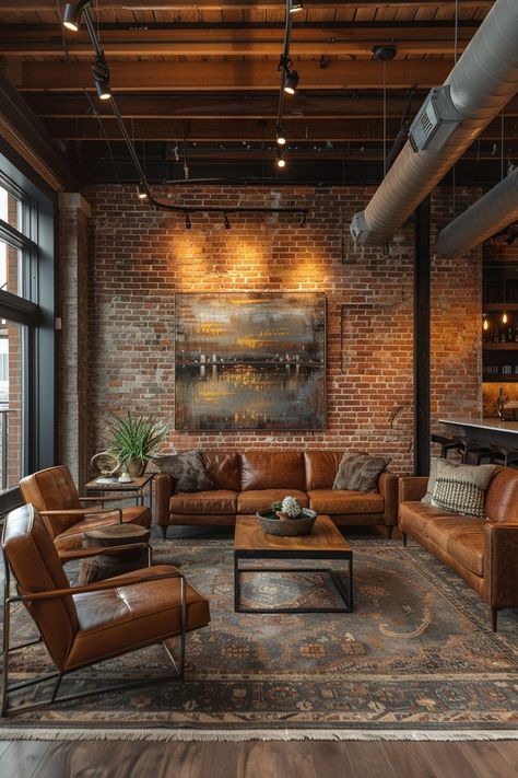 29 Industrial Living Room Ideas 1 Industrial Aesthetic Living Room, Industrial Brick House, Industrial Shabby Chic, Industrial Loft Interior Design, Brick Loft Apartment Decor, Dark Wall Ideas, Industrial Loft Apartment Warehouse Living, Brick Apartment Aesthetic, Industrial Aesthetic Interior Design