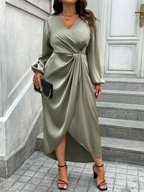 Plus Lantern Sleeve Wrap Hem Satin Dress Army Green Elegant  Long Sleeve Woven Fabric Plain A Line Non-Stretch  Women Plus Clothing, size features are:Bust: ,Length: ,Sleeve Length: Dresses For Curvy Women, Frock Designs, Wrap Front Dress, Cocktail Attire, Date Night Dresses, Embroidery Suits, Lantern Sleeve, Lantern Sleeves, Hem Dress