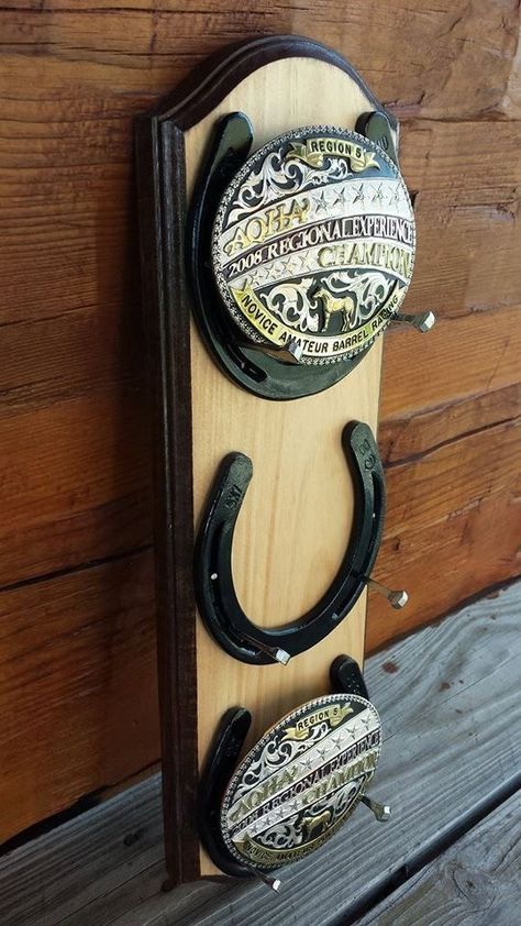 Division winners Belt Buckle Holder, Belt Buckle Display, Buckle Display, Diy Esstisch, Trash To Couture, Ribbon Display, Craft Table Diy, Buckle Holder, Horseshoe Projects