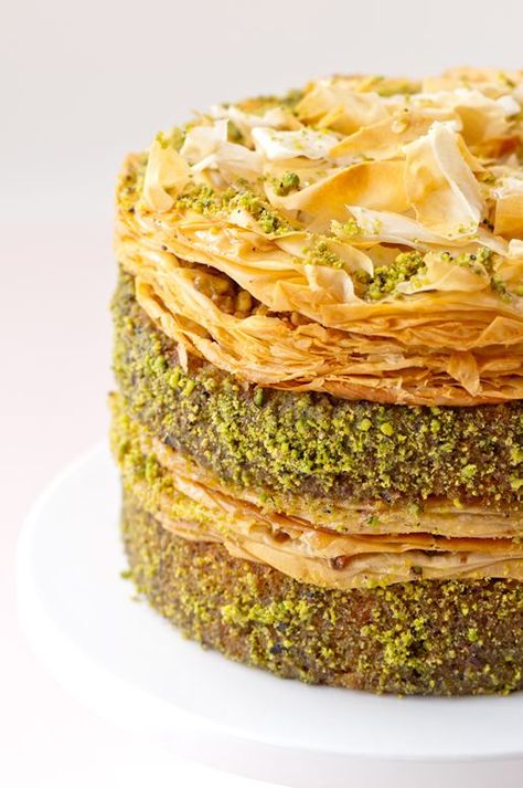 Pistachio Baklava Cake   #dessert #recipe from Ken via 'Hungry Rabbit', armenian + middle eastern food Baklava Cake, حلويات عربية, Pistachio Baklava, Mini Torte, Pistachio Cake, Best Cake Recipes, Lebanese Recipes, White Plate, Middle Eastern Recipes