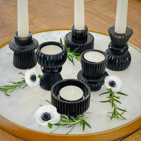 Assorted Vintage Style Ribbed Black Glass Candlestick Holders- Set of 6 Black Candle Stick Holders, Tapered Candle Holders, Black Candlestick Holders, Black Candlesticks, Elegant Centerpieces, Votive Holder, Black Candles, Glass Candlesticks, Candle Holder Set