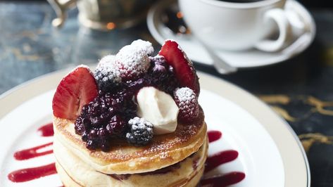 The Wolseley - Reviews, Menus and Booking | SquareMeal Fancy Pancakes Ideas, Pancake Plating Ideas, Pancake Day Ideas, Pancake Decoration Ideas, Pancake Presentation, Pancake Plating, Waffle Plating, Restaurant Food Presentation, Pancake Breakfast Ideas