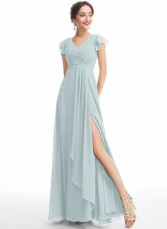 Sheath/Column One-Shoulder Floor-Length Chiffon Bridesmaid Dress With Ruffle (007068385) - JJ's House Dusty Blue Bridesmaid Dresses With Sleeves, Dusty Blue Winter Bridesmaid Dresses, Dusty Blue Dress Casual, Modest Dusty Blue Bridesmaid Dresses, Blue Bridesmaid Dresses Sleeves, Short Sleeve Bridesmaid Dress, Dusty Blue Dress, Princess Bridesmaid Dress, Mermaid Bridesmaid