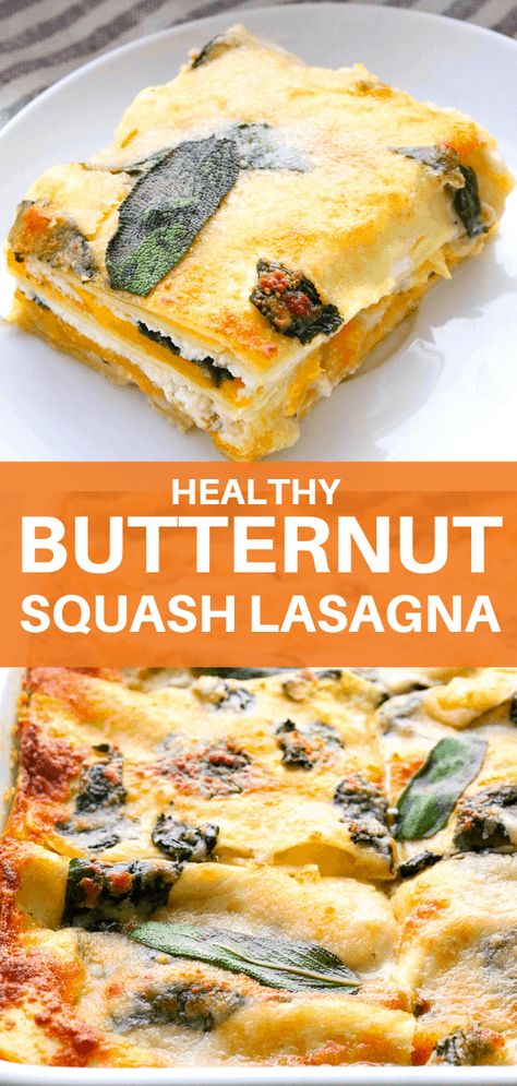 Healthy Butternut Squash Lasagna – Hearty, roasted butternut squash nestled between layers of lasagna noodles, tender cooked spinach, and cheesy sauce. Less dairy than traditional lasagna but still all of that creamy goodness. Only 300 calories per serving, and one of the easiest recipes you will find for lasagna! Squash Lasagna Recipe, Butternut Squash Lasagna Recipe, Lasagna With Spinach, Cooked Spinach, Healthy Lasagna, Healthy Butternut Squash, Butternut Squash Lasagna, Squash Lasagna, Easiest Recipes