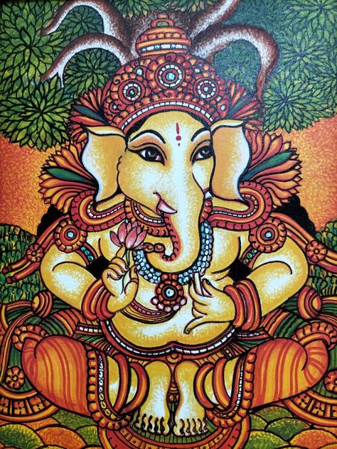 Ganesha Kerala Mural Painting, Kerala Mural Ganesha, Ganesha Mural Painting, Abstract Fish Painting, God Painting, Buddha Painting Canvas, Mural Art Design, Mural Paintings, Ganesh Art Paintings