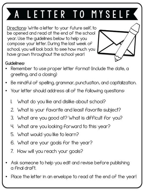 Have your student write a letter to their future self!  1: Written for them to read at the end of the school year. 2: Written for them to receive right before they graduate high school! They will be very thankful. Year 5 Transition Day Activities, First Week Of School Ideas High School, Fun First Week Of School Activities, Transition Day Activities Ks2, Transition Activities Ks2, Letter To Future Self, Middle School Activities, First Day Activities, Write A Letter