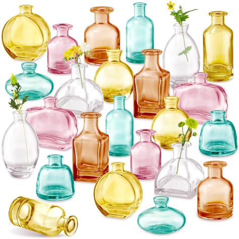 PRICES MAY VARY. Versatile and Affordable: Get a set of 24 Colored Vases, perfect for all year decor accents. These Mini Flower Vases are more than flower glass vase, they can be a reed diffuser bottle, a vase for plant propagation, or a partinggift for any celebration. Perfect Centerpieces: These Colored Flower Glass Vases are in the perfect size for small flower arrangements. Add a touch of color to your dinner tables without creating huge floral arrangements. Can be used in baby showers, wedd How To Paint Glass Vases, Table Decorations For Wedding, Fall Sunflower Weddings, Wedding Party Table Decor, Sunflower Weddings, Chill Wedding, Colorful Vases, Bud Vase Centerpiece, Vases For Centerpieces