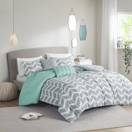 The Home Essence Apartment Darcy Ultra Soft Bedding Comforter Set updates any bedroom into a fun and inviting space. This stylish comforter features a chevron print broken up by vertical stripes and a solid section at the top that pops! The 2 matching shams (1 in Twin/TwinXL) with a matching flange pair perfectly with the delightful chevron pattern, while 2 decorative pillows in coordinating colors help complete the look. Made from ultra-soft microfiber, this comforter set is machine washable fo Soft Comforter Bedding, Yellow Comforter, Home Essence, How To Clean Pillows, Twin Comforter Sets, Twin Xl Comforter, Twin Comforter, King Comforter Sets, Queen Comforter Sets