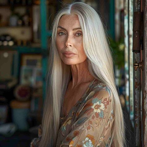 19 Trendy & Easy Long Hairstyles for Women Over 50 Long Grey Hairstyles For Women Over 50, Long Grey Hairstyles, Long Silver Hair Older Women, Long Hair Older Women Over 50 Style, Long Grey Hair Over 50, White Hair Hairstyles, Older Blonde Woman, Hairstyles For Every Hair Type, Long Hair Over 60 Aging Gracefully