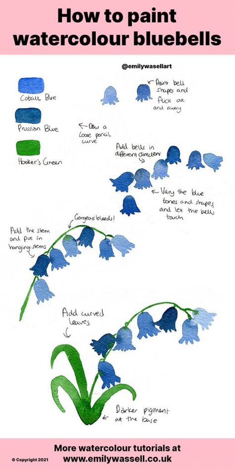 Bluebells Watercolour Paintings, Blue Water Colour Flowers, How To Paint Watercolour Flowers, Watercolor Paint Tutorial, How To Watercolour Paint, Flower Tutorial Painting, How To Paint Flowers Watercolor, Bluebells Flower Drawing, Watercolour Flowers Tutorial