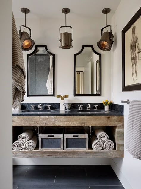 DIY DECOR:: 12 Absolutely Beautiful Bathrooms ! Full of Inspiration, Tips, & Do it yourself Ideas ! Like this Farmhouse Bathroom Makeover ! Amazing ! Masculine Bathroom Design, Reclaimed Wood Bathroom Vanity, Industrial Bathroom Design, Masculine Bathroom, Bathrooms Inspiration, Wood Bathroom Vanity, Industrial Bathroom, Casa Container, Subway Tiles