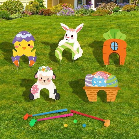 PRICES MAY VARY. Cute & Fun Design: You’ll receive 5 vibrant Easter yard signs plus a mini-golf kit with 3 clubs and balls. Featuring adorable designs like Easter basket, bunny, and chick, they complement your Easter decorations and double as a fun mini golf game for a unique holiday celebration. Easy to Install: Each Easter yard decor comes with 2 stakes for outdoor setup and 2 semi-circular stands for indoor play. The stakes can be easily inserted into the signs and secured firmly in the groun Easter Outdoor Decorations, Mini Golf Games, Easter Yard Decorations, Easter Outdoor, Lawn Party, Easter Decorations Outdoor, Indoor Play, Outdoor Decorations, Mini Golf