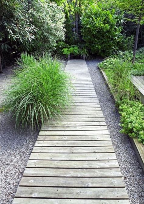 a simple whitewashed wood garden path placed on usual gravel looks laconic, simple and casual Wooded Landscaping, Front Gate, Path Design, Desain Lanskap, Garden Walkway, Landscaping Supplies, Have Inspiration, Garden Pathway, Landscaping Tips