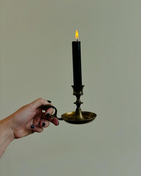 🕯️🍂Vintage Brass Candlestick Collection, Set of Five, Halloween Candleholders and Brass Candle Snuffer🍂🕯️$80//AVAILABLE *Black Candles are not included with the candle holders. The largest finger looped candle holder fits various sizes of candles so that’s a bonus! Also the bell shaped candle holder is infact a functional bell! Candleholders will be shipped/sold free of any wax build up but please note there are varying degrees of patina on all of them. Brass Candle Snuffer, Black Candle Aesthetic, Candlestick Collection, Shaped Candle, Vintage Brass Candlesticks, Vintage Candle, Brass Candlestick, Candle Aesthetic, Candle Snuffer