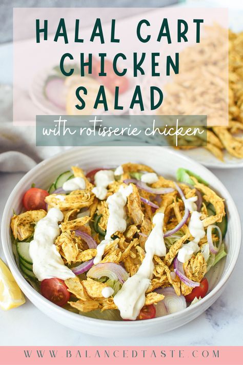 halal cart chicken salad recipe with garlic lemon sauce Halal Cart Chicken Salad, Halal Cart Chicken, Recipe With Garlic, Low Carb Healthy, Lemon Garlic Sauce, Rotisserie Chicken Salad, Crunchy Salad, Red Onion Salad, Chicken Salad Recipe